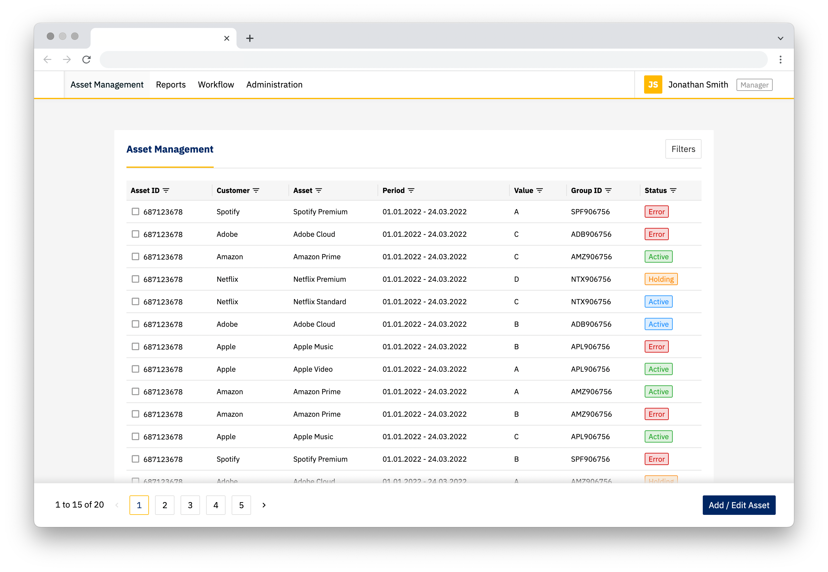 Image of a Asset management web application